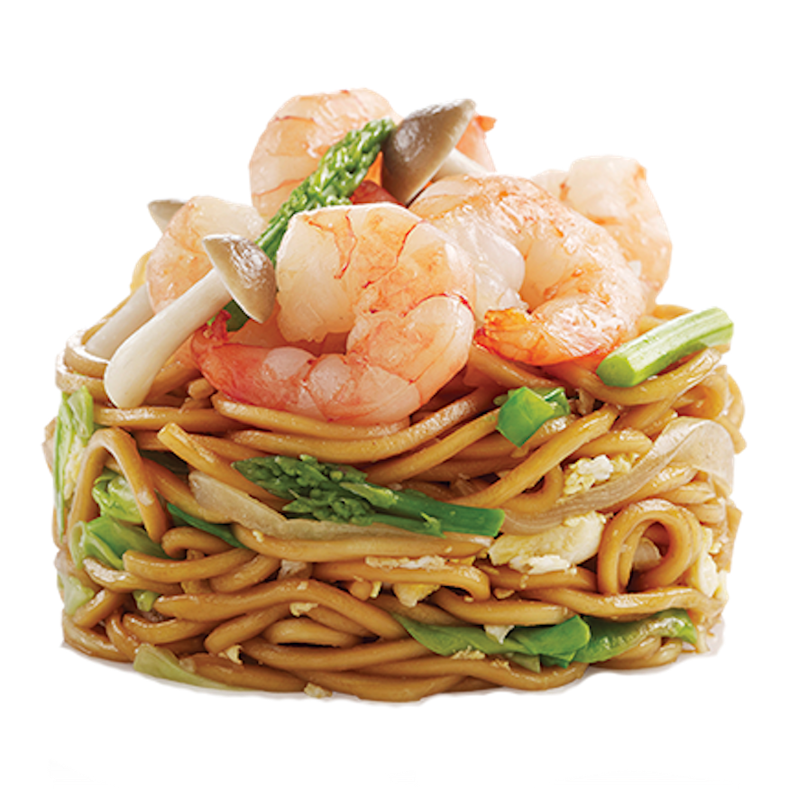 OUR WOK – Fresh Ramen with Seasoned Prawns, Asparagus & Brussels Sprout